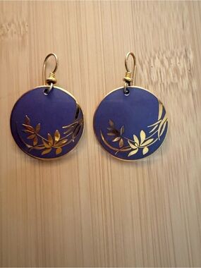 Vintage Signed Laurel Burch Blue/purple & Gold Enamel Dangle Earrings